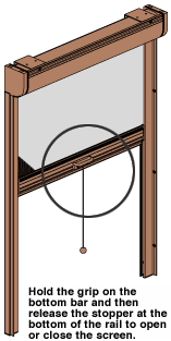 Hold the grip on the bottom bar and then release the stopper at the bottom of the rail to open or close the screen.