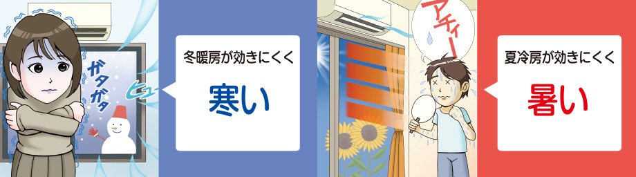 「冬暖房が効きにくく寒い」「夏暖房が効きにくく暑い」とお困りの方へ。